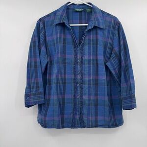 Lemon Grass Top Women XL Blue Plaid Button Up 3/4 Sleeves Ruffle Lightweight